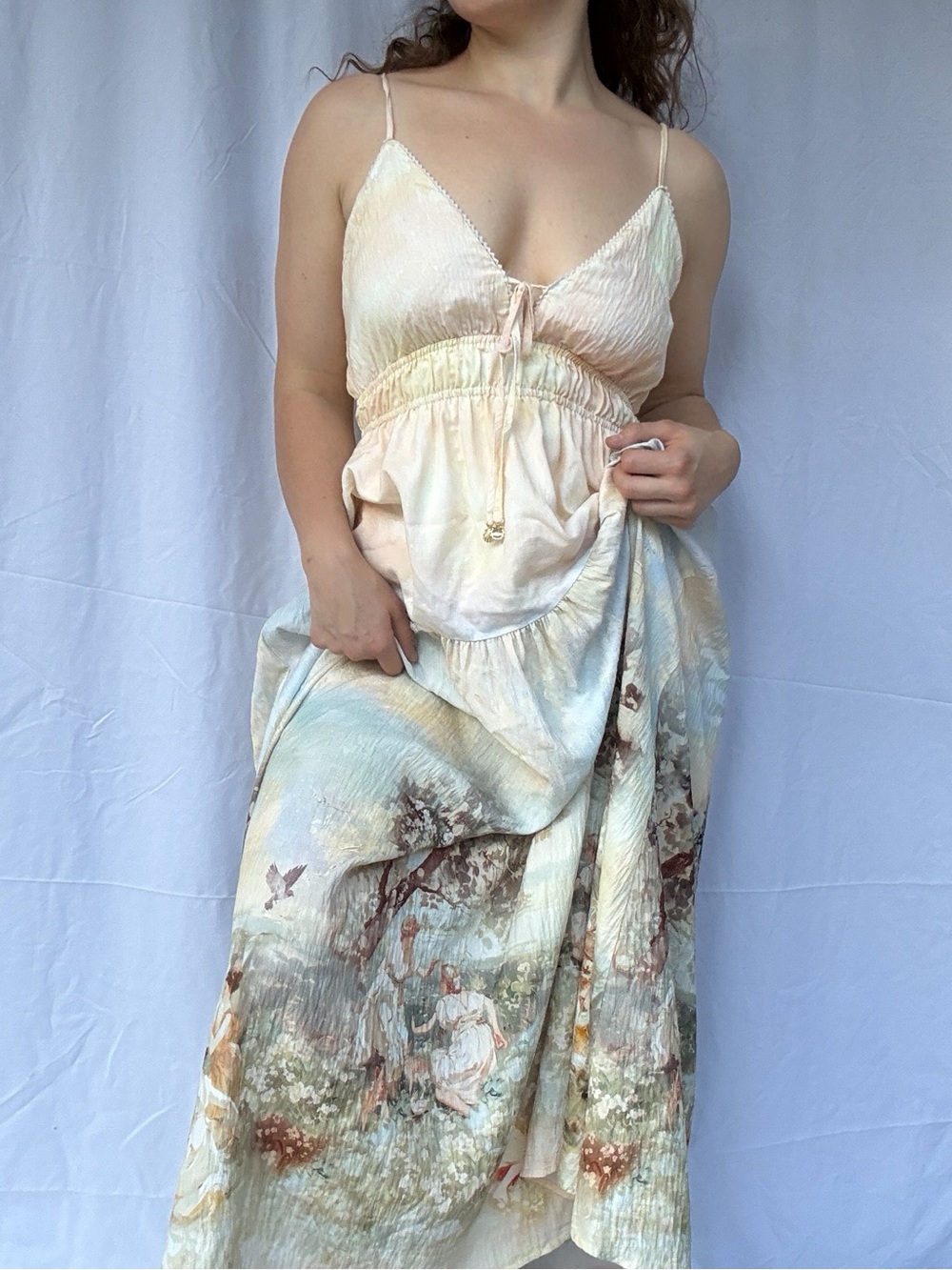IRIS MAXI Pastoral Scenic Print Maxi Dress M Cottagecore Romantic Empire Waist - Picture 6 of 9